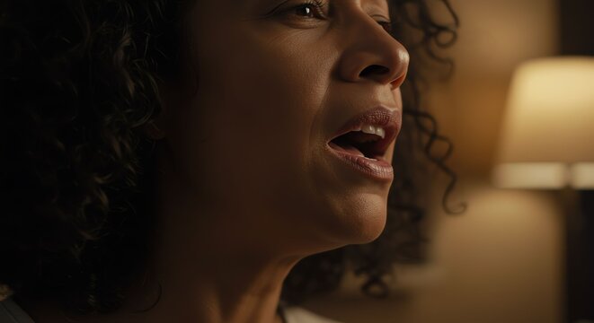 Emotional Woman with Curly Hair Crying in Dimly Lit Room