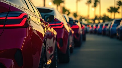 Obraz premium A row of red cars are parked in a lot. The cars are all lined up and are parked in a row