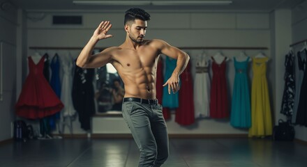 Male Dancer Shirtless Performing in Dance Studio with Colorful Dresses in Background