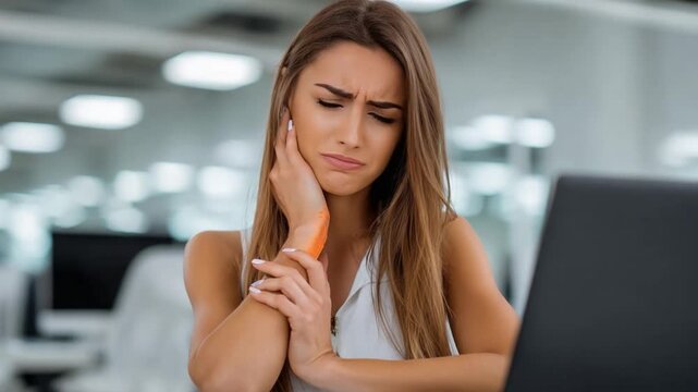 Workplace distress: A woman in a modern office, exhibiting expressions of pain and concern, perhaps from a work-related injury.