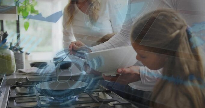 Father pouring batter into gas cooktop pan, sparking animated cooking aid to teach daughter