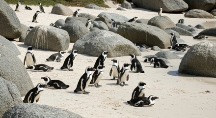 Fototapeta premium African penguins on a sandy beach, surrounded by rocks