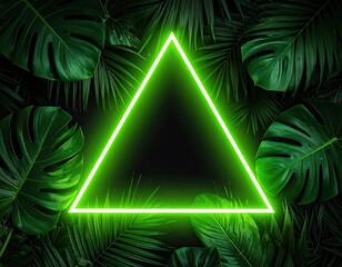 Neon green triangle framed by tropical leaves