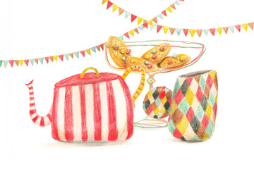 Teapot And Tea Cup Illustration On White Background With Cookies