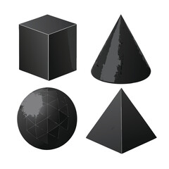 Set of 4 designs solid black silhouette geometric, prism, cylinder, sphere, pyramid, cone, full black fill, realistic proportions, isolated on white background, vector-friendly, no text.