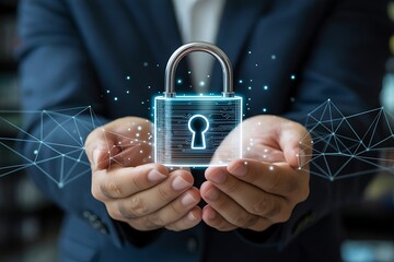 Person in suit holding digital padlock with glowing circuit lines and network connections security data