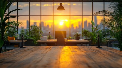 Fototapeta premium Sunlit modern office with city skyline view and lush plants creates serene workspace ambiance.