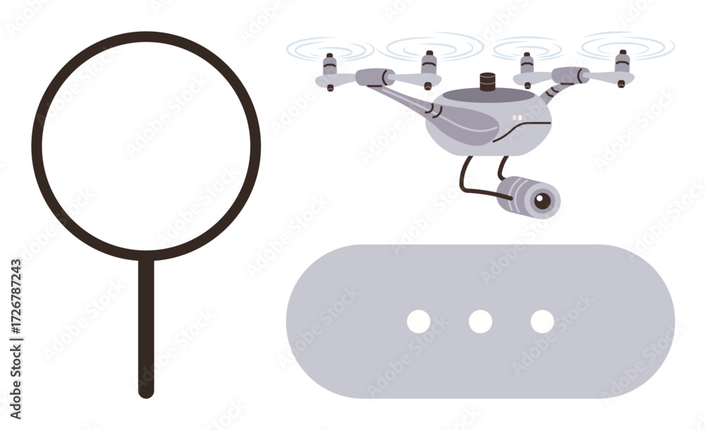 Aufkleber quadcopter with camera capturing video, magnifying glass symbolizing search or analysis, and a loadi