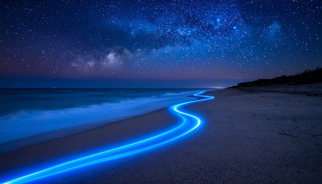 Night beach scene, glowing trails