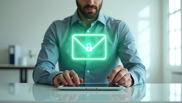 Secure communication and data protection concept with a person using a tablet and a glowing padlock email icon overlay
