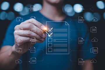 Person using stylus to check off items on digital document with data flow icons checklist technology