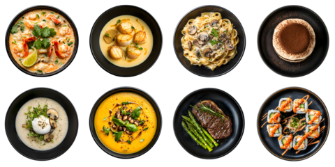 A set of haute cuisine restaurant dishes isolated on a transparent background in PNG