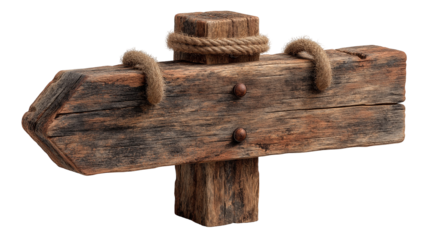 Rustic Wooden Arrow Sign On White Background: Vintage Directional Pointer Made From Weathered Wood With Aged Texture And Rough Finish