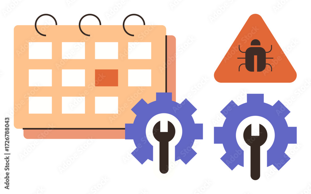 Aufkleber calendar with marked date, two gear icons with wrenches, and a warning triangle with bug icon. ideal
