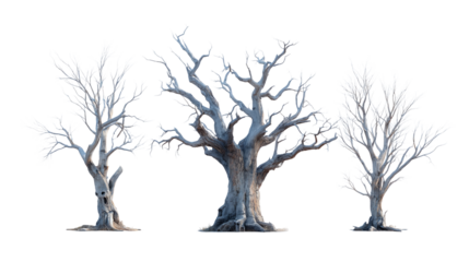 Group of 3 haunted trees, isolated on transparent background 