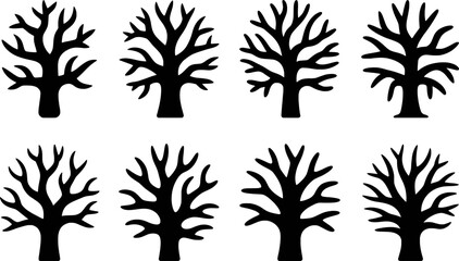 Obraz premium Collection of eight black silhouette bare trees on a white background