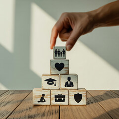 Hand stacking wooden blocks representing life goals and security