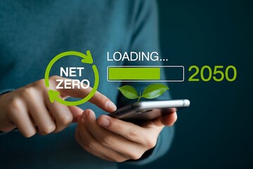 Person using smartphone with net zero loading bar and year 2050 graphic sustainability environment