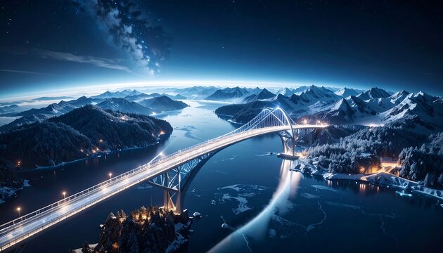 Night bridge over frozen lake, starry sky