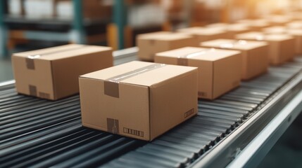 A conveyor belt with boxes on it. The boxes are brown and have the word "courier" on them