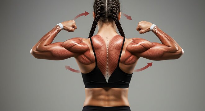 Strong Female Athlete Showing Muscular Back and Arm Definition in Fitness Studio