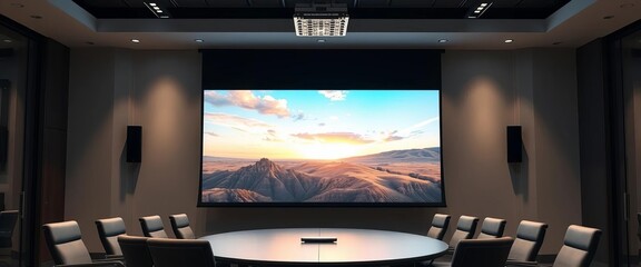 Large motorized projector screen in modern conference room,  interior,  technology