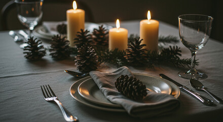 Elegant dinner table setting with candles and pinecones in winter  
