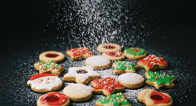 Colorful decorated Christmas cookies with powdered sugar falling  