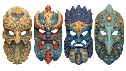 Group of 4 spooky masks with intricate designs, isolated on transparent background