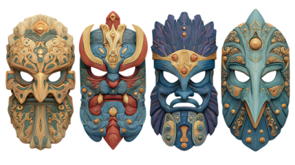 Group of 4 spooky masks with intricate designs, isolated on transparent background 