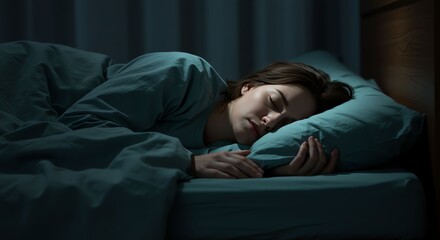 Obraz premium Young Woman Sleeping Peacefully in Dark Bedroom with Soft Lighting