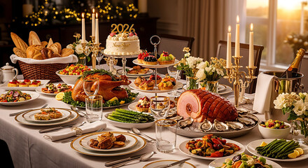 A festive table laden with food and drink for a new year's eve celebration