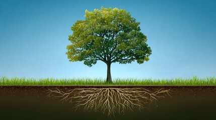 Fototapeta premium A lush tree with extensive roots in the ground.