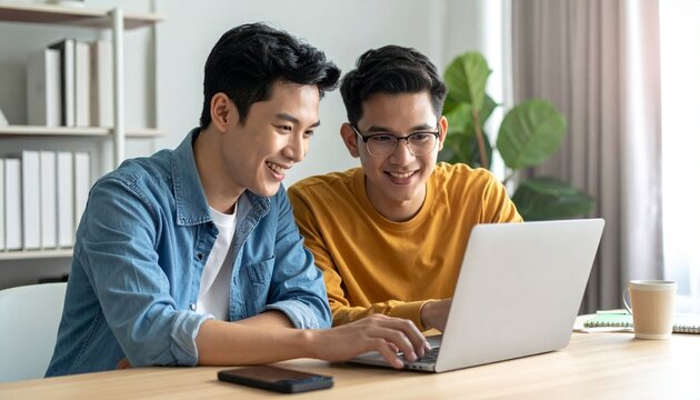 Young men working from home, sitting behind a desk looking at a laptop together