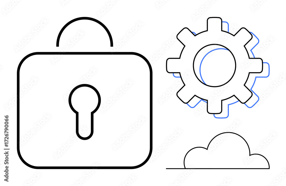 Poster padlock symbolizes security, gear represents system functionality, and cloud depicts cloud computing