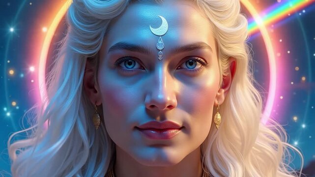 Vivid Vision of Lord Chandra: A Stunning Close-Up on a Rainbow Light Background for Spiritual and Fantasy Projects. Dynamic Hindu God Portrait