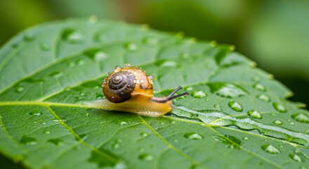 Tiny snail adorned with glistening dewdrops crawls across vibrant green leaf in lush garden, symbolizing nature's delicate beauty and tranquil mornings