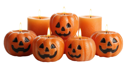 Group of 5 jack-o’-lanterns with candles inside, isolated on transparent background 