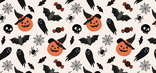 Seamless pattern with cute Halloween cartoon elements: pumpkin, ghost, bat, spider, cobweb, skull, and candy. Modern flat vector design with a light background. For wrapping paper, fabrics, textiles.