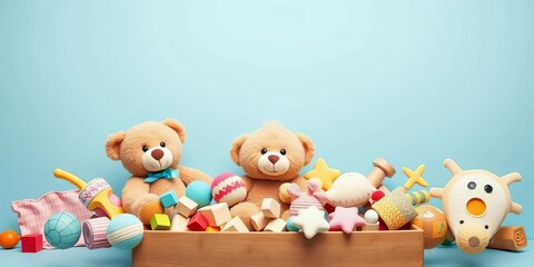 Obraz premium Pastel blue background, overflowing toy box with teddy bear, wooden blocks, and soft toys, cute toys, pastel