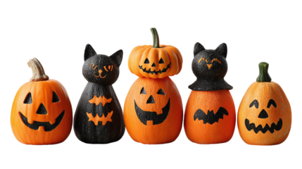 Group of 5 jack-o’-lanterns with different carvings, isolated on transparent background