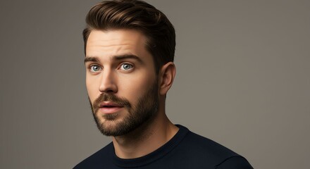 Fototapeta premium Young Man with Beard and Blue Eyes Wearing Dark Sweater Facing Camera in Studio