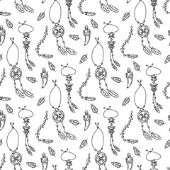 pattern of jewelry, Native American jewelry in doodle. Beads, dreamcatcher, hair braiding, animal claw pendant. Handmade work. Seamless texture. nomadic life. Decorated with feathers. American Indians