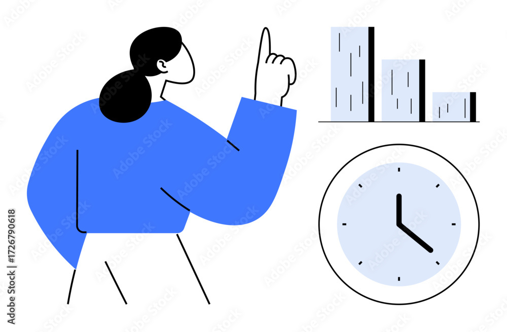 Poster confident professional pointing at bar graph while clock icon visualizes time management. ideal for 