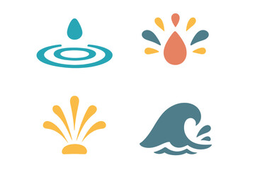 Stylized graphic icons depicting various water elements such as drops, ripples, splashes, and a dynamic wave pattern