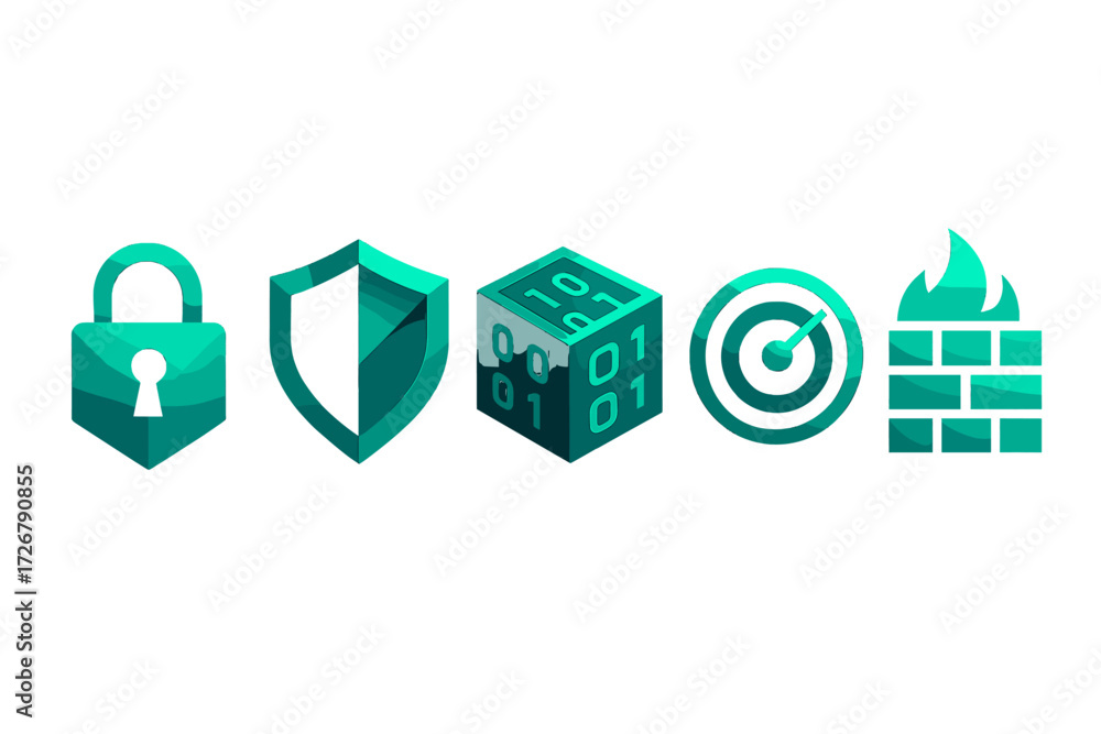 Poster digital security and data protection concepts with padlock, shield, binary cube, target, and firewal