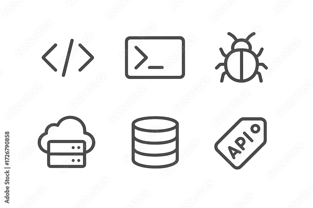 Poster programming and software development icons featuring code, terminal, bug, cloud server, database, an