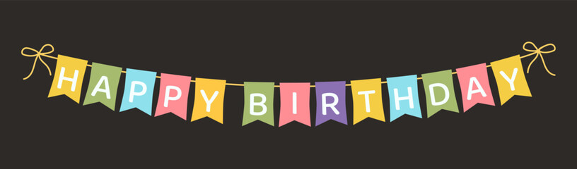 Vector illustration of a hand-drawn Happy Birthday banner. Multicolored flags with white letters and yellow ribbon on a dark gray background. For birthday cards, invitations, flyers, web design