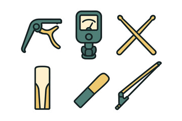 Essential musical instrument accessories including guitar capo, tuner, drumsticks, saxophone reed, mouthpiece, and violin bow