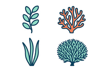 Vibrant stylized marine flora and coral reef elements for underwater ecosystem designs. Diverse aquatic plants and corals for ocean-themed projects